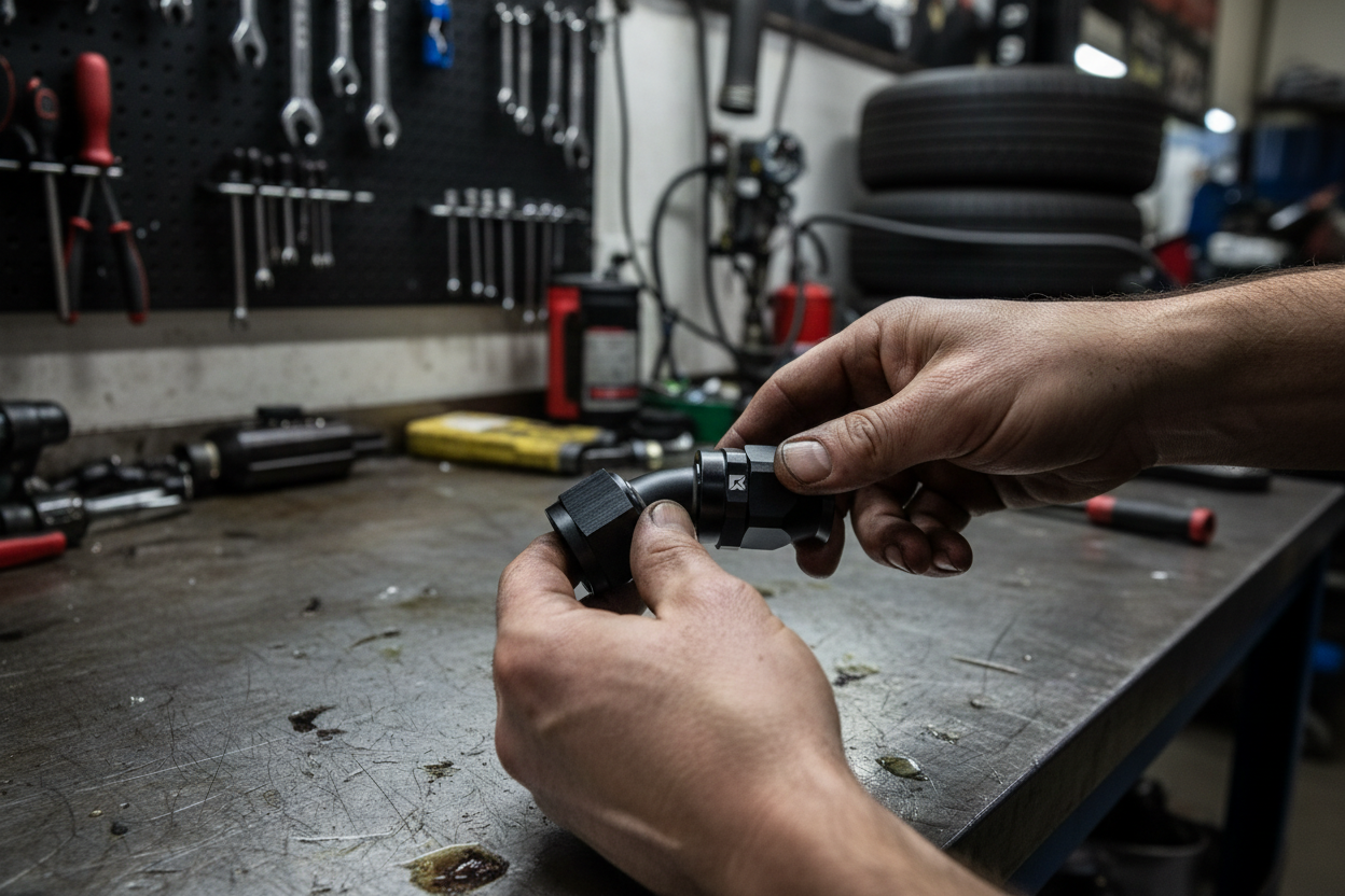 Mechanic holding finger-sized 45° AN fitting
